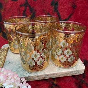 Mid-Century Valencia 22K Gold Double Old Fashioned by Culver Set of 4 Glasses 4 1/8&quot; in Height
