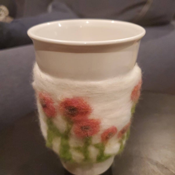 Travel mug felted sleeve  cozy with botanical design