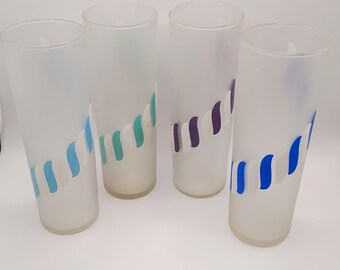 Set of 4 MCM Libbey Frosted Candy Striped Highball Glasses - 1950's