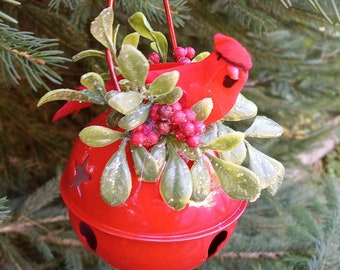 Cardinal on Red Metal Bell Ornament