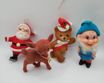 Four Vintage Holiday Ornaments - Elf/Pixie/Gnome, Flocked Santa, Reindeer and Bear