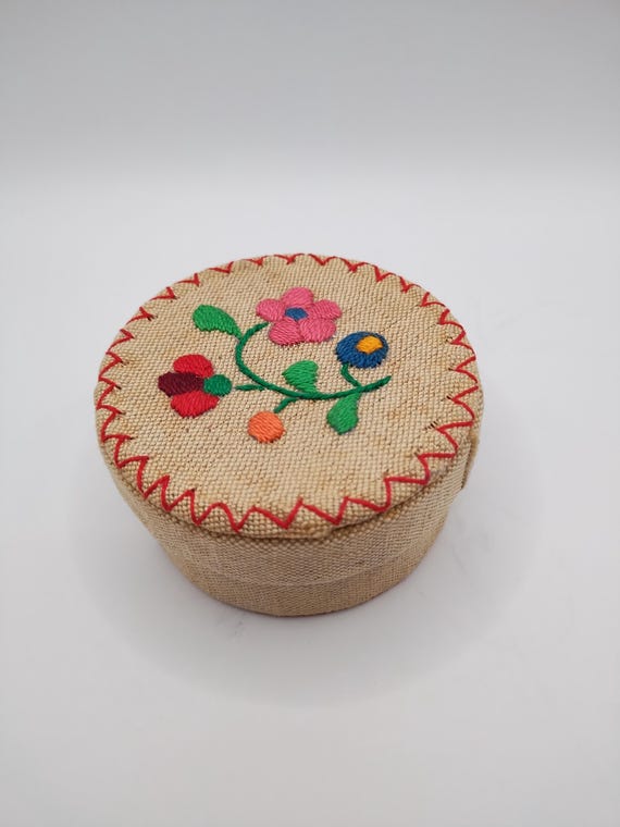 Pretty Embroidered Hungarian Canvas Trinket Box - image 1