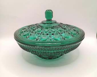 Vintage Button Design Blue/Green Glass Covered Candy Dish - 1970's