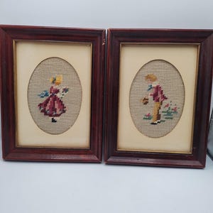 Vintage Framed Needlepoint Victorian Pair - Boy and Girl