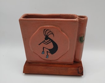 Southwestern Kokopelli Wood and Ceramic Notepad/Pen Holder - Vintage