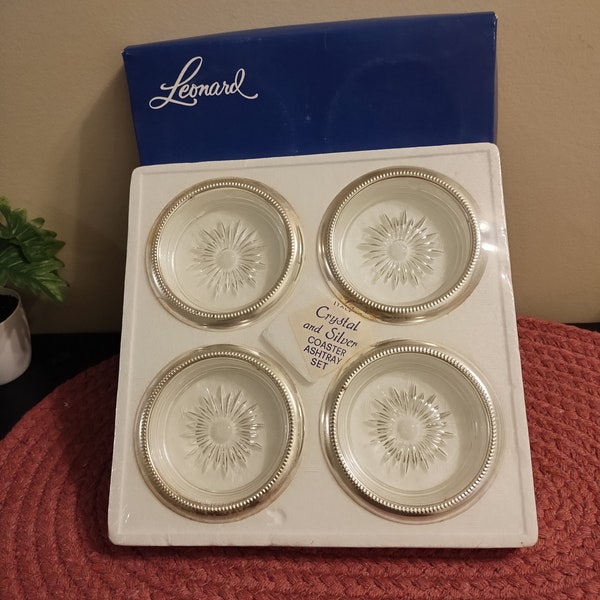 Set of 4 Vintage Leonard Italy Crystal and Silverplate Coasters/Ashtrays in Box
