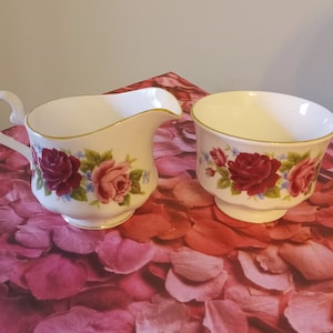 Queen Anne Bone China Rose Floral Sugar and Creamer