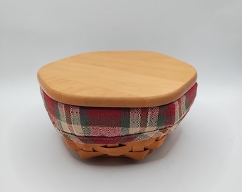Longaberger Signed and Dated Hexagon Basket with Oak Top and Fabric Lining