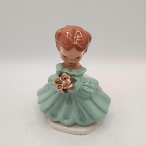 Pretty Vintage Girl Figurine Holding Bouquet of Roses From 1960&#39;s