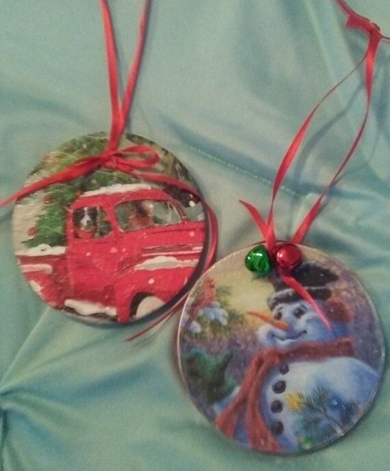 Pair of thin Decoupaged Wood Ornaments Pickup Truck and Snowman with Cardinal