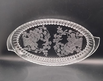 Vintage Glass Relish Tray: Embossed Floral Design, Scalloped Edge