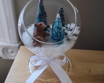 Glass Pedestal Winter Scene: Bear, Trees, Snow Decor