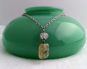 Prehnite Drop Necklace Sterling Rolo Chain Vintage Green Stone Drop Necklace Italian Sterling Silver Square Rolo Link Chain Faceted Prehnite