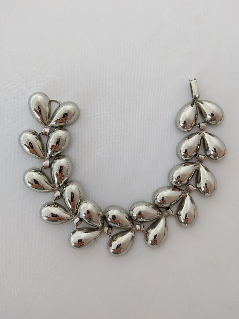 CORO SILVER Tone TEARDROP Link Bracelet Vintage Signed 1950s 7.5