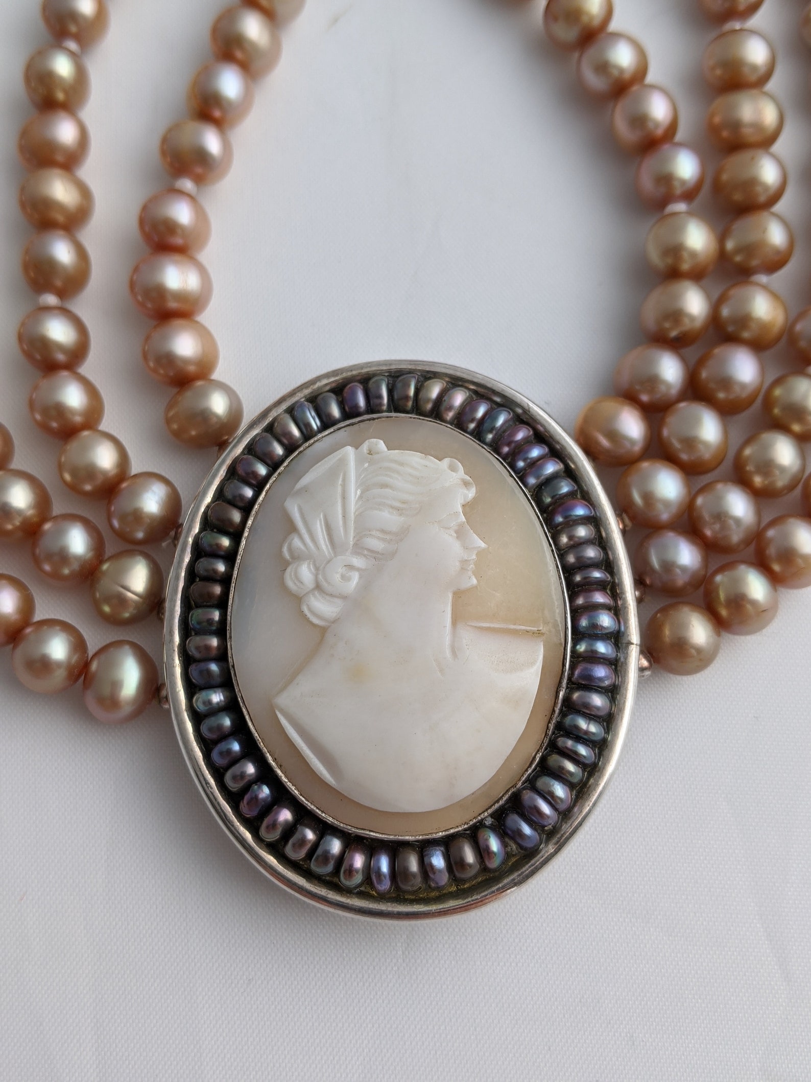 4 Strand Pearl Shell Cameo Necklace Vintage Silver Tone Etsy