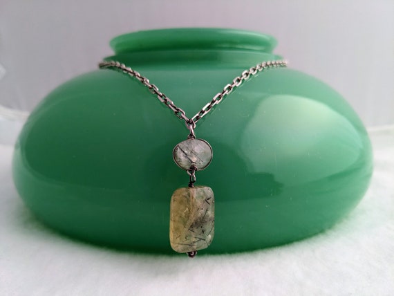 Prehnite Drop Necklace Sterling Rolo Chain Vintag… - image 1