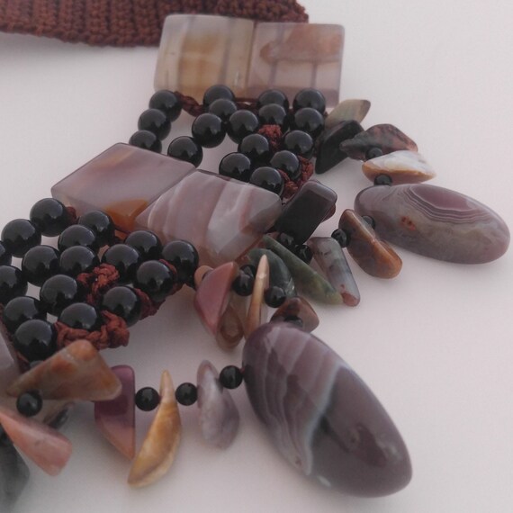 Botswana AGATE Bead Bib Necklace Vintage Black On… - image 4