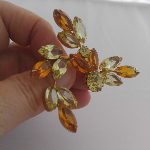 AMBER & YELLOW Rhinestone SPRAY Brooch Vintage Go… - image 4