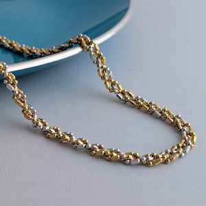 18K Gold Braided Chain Necklace-Vintage-Signed Unoaerre Tri-Color Gold Woven Bead Link Necklace