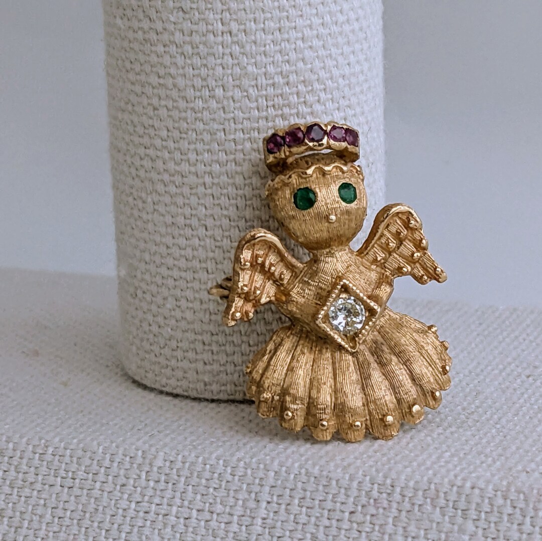 Vintage 14K Gold Angel Pin: Diamond, Emerald & Sapphire Brooch - Etsy
