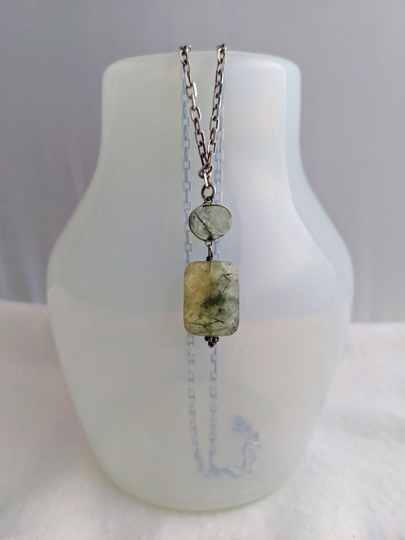 Prehnite Drop Necklace Sterling Rolo Chain Vintag… - image 4