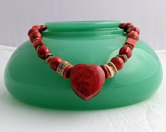 Chunky Coral Heart Necklace: Vintage Sponge Coral, Turquoise & Shell