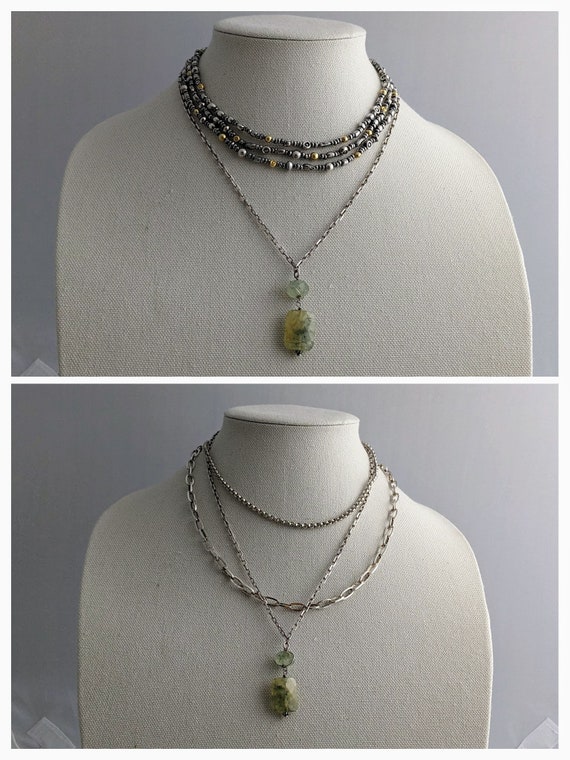 Prehnite Drop Necklace Sterling Rolo Chain Vintag… - image 5