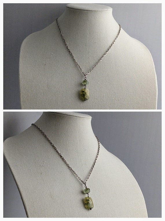 Prehnite Drop Necklace Sterling Rolo Chain Vintag… - image 2