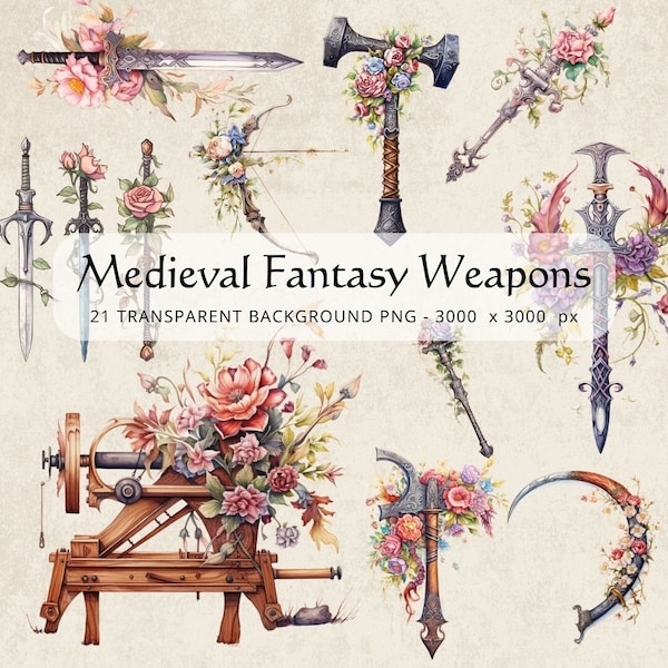 Medieval Fantasy Weapons Watercolor Clipart Images Swords Daggers Digital Download Floral Image Renaissance D&D Craft Transparent Background