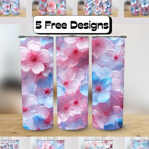 20 オンス スキニー タンブラー用の 3D 効果のある桜の花、ストレート & テーパード フローラル PNG、無料のボーナス デザインが含まれています。