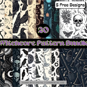 Pode incluir: Um download digital de 20 designs de padrões witchcore, incluindo corvos, crânios, poções e vassouras. O texto "5 Free Designs" e "Witchcore Pattern Bundle" está incluído na imagem.