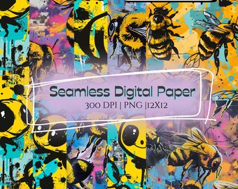 Bee Graffiti Seamless Pattern | Scrapbook Journal | Digital Craft Paper Bundle | Crafting Printable Paper Set | Decoupage | Junk Journal