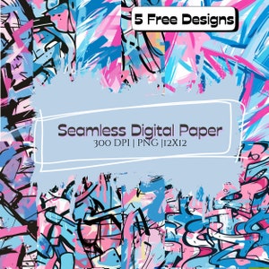 May include: Five free digital paper designs with a pink, blue, and black abstract graffiti pattern. Seamless digital paper, 300 DPI, PNG, 12x12.
