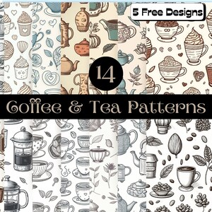 May include: A set of 14 coffee and tea patterns featuring hand-drawn illustrations of cups, teapots, coffee beans, and other related items. The patterns are in black and white with a vintage style. The text "5 Free Designs" is at the top of the image.