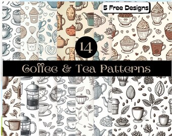 14 Vintage Kaffee und Tee Digital Paper Pack | Druckbar | Sofortdownload| Muster |Craftbooking | Digitaler Download | Doodle-Kunst