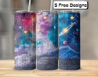 Galaxy Themed on Brick Wall Tumbler Wrap| Straight & Tapered | 20oz Skinny Tumbler | Tumbler Wrap Sublimation PNG | Stars | Outer Space