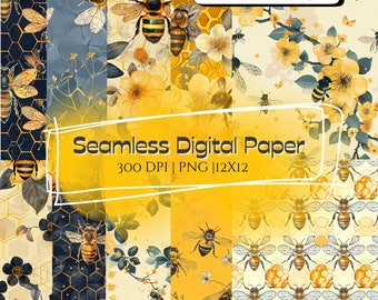 Bees Seamless Pattern | Scrapbook Journal | Digital Craft Paper Bundle | Crafting Printable Paper Set | Decoupage | Bumble Bee Honey Bee