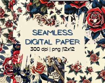 tattoo Flash Seamless Pattern | Scrapbook Journal | Digital Craft Paper Bundle | Crafting Printable Paper Set | Decoupage | Junk Journal