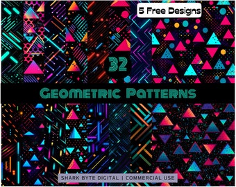 Vibrant Abstract Geometric Digital Paper Pack Colorful Triangular Patterns Dark Color Commercial Use Retro Clipart Digital Download Png
