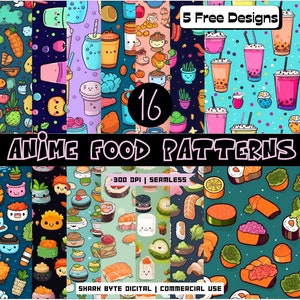 Kawaii Plant Food Digitale Papiersammlung | Sushi Boba Bubble Tea Ramen Pflanzen | Nahtlose Muster-Bundle | Digitales Schnittmuster | Kraftpapier