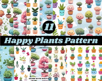 Kawaii Garden: Cute Plants Seamless Digital Paper Patterns - Crafting, Scrapbooking, Graphic Design