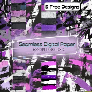 May include: Five free digital paper designs featuring abstract patterns in shades of purple, black, white, and gray. The designs are seamless and can be used for a variety of projects.