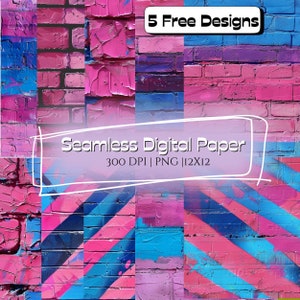 May include: Five free digital paper designs featuring pink, blue, and purple brick patterns. The designs are seamless and 300 DPI.  The text "Seamless Digital Paper 300 DPI | PNG | 12X12" is included in the image.