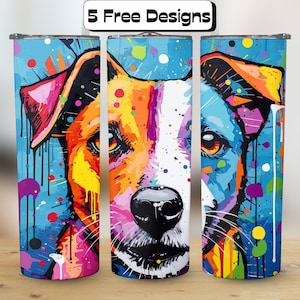 May include: Three stainless steel tumblers with a colorful abstract painting of a dog's face. The dog's face is painted in shades of blue, yellow, orange, pink, and white. The background is a blue and white splatter pattern.
