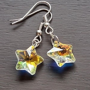 Crystal Aurora Borealis Star Dangle Earrings with Silver Hypoallergenic Ear Wire, Length 1-1/2&quot;