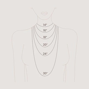 May include: A line drawing of a torso showing six different necklace lengths labeled 14 inches, 16 inches, 18 inches, 20 inches, 24 inches, and 30 inches. The illustration displays the varying drop positions of chains on the chest area.