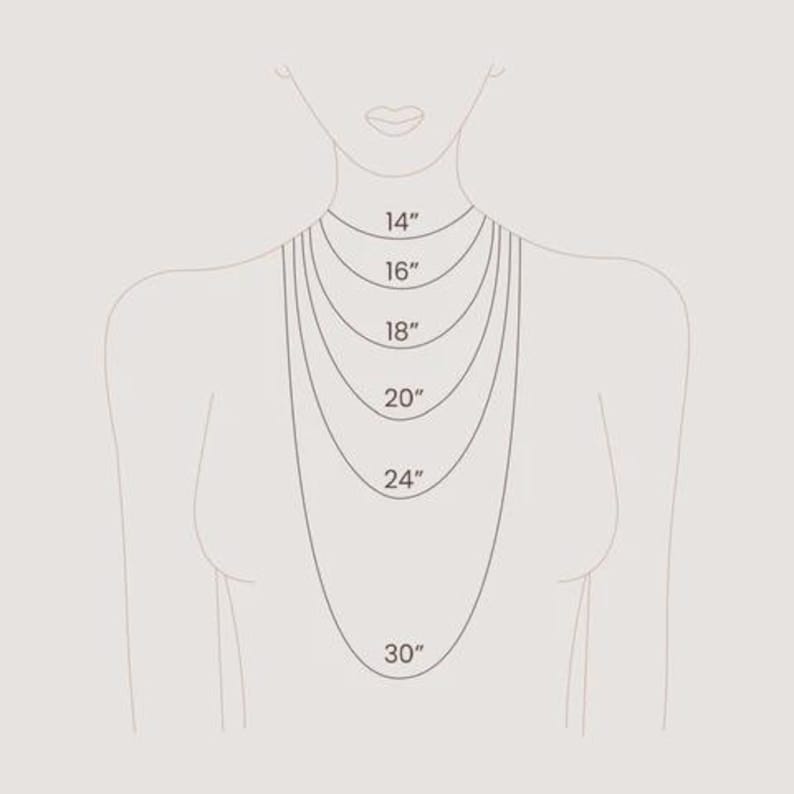 May include: A line drawing of a torso showing six different necklace lengths labeled 14 inches, 16 inches, 18 inches, 20 inches, 24 inches, and 30 inches. The illustration displays the varying drop positions of chains on the chest area.