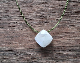 Rainbow Moonstone Silk Cord Necklace: Sterling Silver Clasp, Delicate Stone