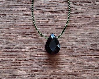 Black Onyx Silk Cord Necklace: Sterling Silver Clasp, Minimalist Pendant, Delicate Stone