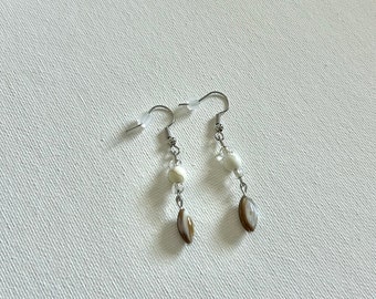 Natural Shell and Wagnerite Dangle Earrings, Handmade Silver Jewelry